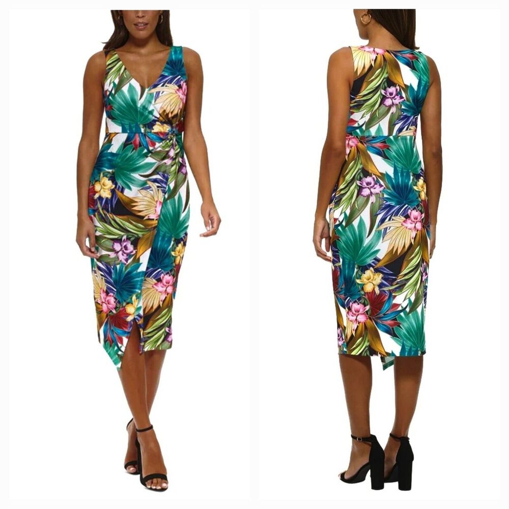New GUESS Women (8) Tropical Floral Twist-Front Crossover-Skirt Midi Dress $118